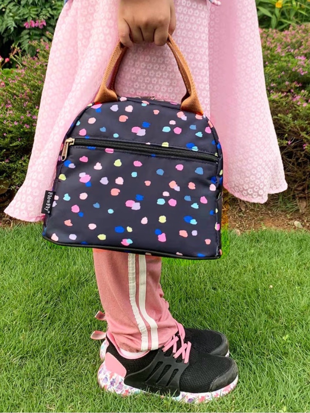 Mini Black Multicolor Dot Handbag with Tan Handles